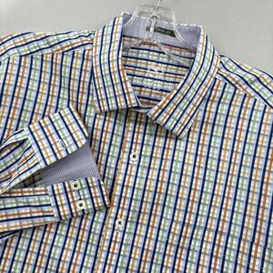 Bugatchi Uomo Shirt Mens Large Classic Fit Multicolor Plaid‎ Cotton Dress Casual